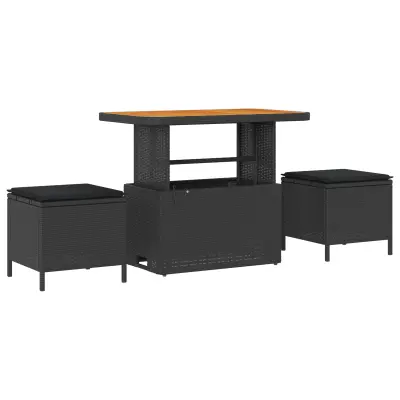 vidaXL 3-delni vrtni jedilni komplet z blazinami črna poli ratan akacija