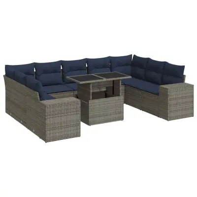 vidaXL Vrtna sedežna garnitura z blazinami 10-delna siv ratan/akacija