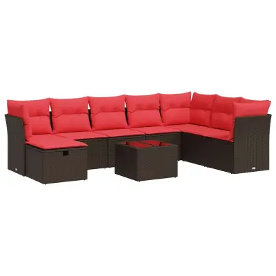 vidaXL Vrtna sedežna garnitura 9-delna z blazinami rjava poli ratan