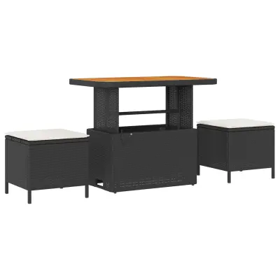 vidaXL 3-delni vrtnarski jedilni set s blazinami črn poli ratan akacija