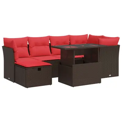 vidaXL Vrtna sedežna garnitura z blazinami 7-delna rjav ratan/akacija