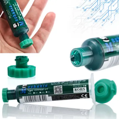 Rosfix UVH900-LY Zelena Soldermaska – Zaščita PCB, UV Strjevanje 365nm, 10g | V Brizgi, Ročna ali Avtomatska Uporaba