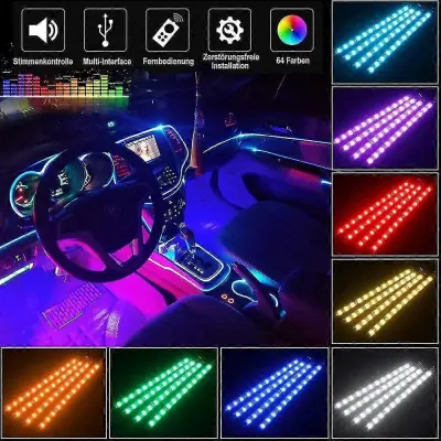 Komplet 4 LED luči za notranjost avtomobila - 72 večbarvnih LED luči - notranja osvetlitev avtomobila - z zvokom Acti