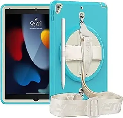 Ohišje za iPad 9/8/7 10,2" s stojalom in naramnico Modro