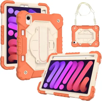 Ohišje za iPad Mini 6 8,3" s stojalom in ramenskim pasom oranžno