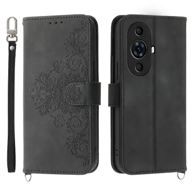 Ovitek za telefon z vtisnjenimi rožicami za Huawei nova 11 Pro Skin-Touch Phone Shell, PU usnjen ovitek za denarnico s paščkom, proti padcem