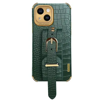 Ovitek za telefon proti padcem za iPhone 14, galvaniziran ovitek za telefon s krokodiljo teksturo in stojalom za ročni trak