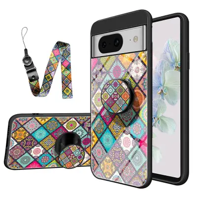 Ovitek za telefon s stojalom za telefon s cvetličnim vzorcem za osebni računalnik Google Pixel 8+TPU+pokrov iz kaljenega stekla z vrvico