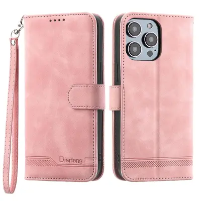 DIERFENG DF-03 za iPhone 14 Pro Max PU usnjena torbica z vtisnjenimi črtami, odporna proti udarcem, pokrov stojala za telefonsko denarnico