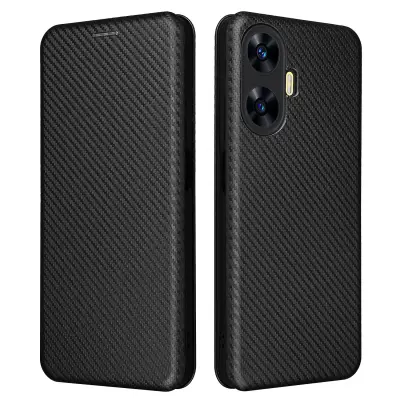 Za Realme C55 usnjeno stojalo, držalo za kartice, ovitek za telefon s teksturo ogljikovih vlaken