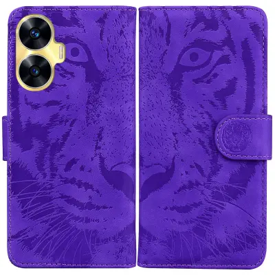 Denarnica Stojalo Shell za Realme C55 Tiger natisnjena PU usnjena torbica, ovitek za telefon proti padcu