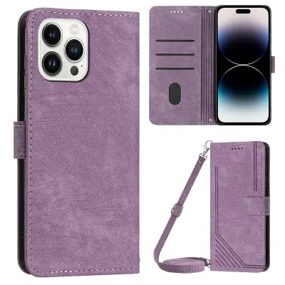 Za iPhone 14 Pro PU usnjena zaščitna prevleka na dotik s črtami in vtisnjenimi črtami za denarnico, folija za telefon