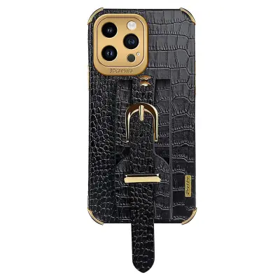 Za iPhone 13 Pro Max 6,7-palčni ovitek za telefon s krokodiljo teksturo iz PU usnja prevlečen ovitek TPU s trakom za roko in stojalom