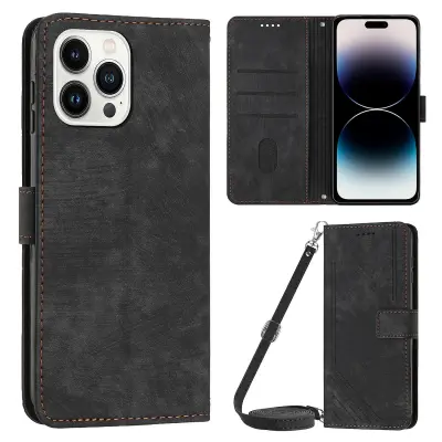 Za iPhone 14 Pro PU usnjena zaščitna prevleka na dotik s črtami in vtisnjenimi črtami za denarnico, folija za telefon