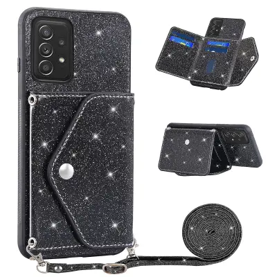 Za Samsung Galaxy A13 4G etui za telefon s trikotnim stojalom za kartice, PU usnje + TPU bleščeč prah