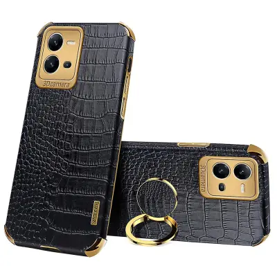 Za vivo V25 5G krokodil teksturo galvansko prevleko prstan stojalo za telefon PU usnje prevlečena TPU torbica