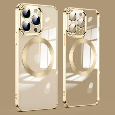 Za iPhone 12 Pro Funda magnetica za telefon Galvanoplastia Acrílico transparente + TPU Protector de lente de vidrio Cubierta de teléfono