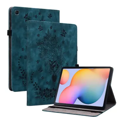 Za Samsung Galaxy Tab S6 Lite/Tab S6 Lite (2022) usnjena torbica z vtisnjenim metuljem in vrtnico, nosilec za kartice, ovitek za tablični računalnik