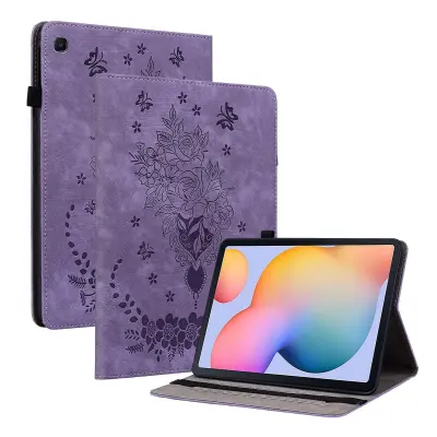 Za Samsung Galaxy Tab S6 Lite/Tab S6 Lite (2022) usnjena torbica z vtisnjenim metuljem in vrtnico, nosilec za kartice, ovitek za tablični računalnik