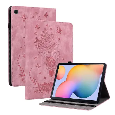 Za Samsung Galaxy Tab S6 Lite/Tab S6 Lite (2022) usnjena torbica z vtisnjenim metuljem in vrtnico, nosilec za kartice, ovitek za tablični računalnik