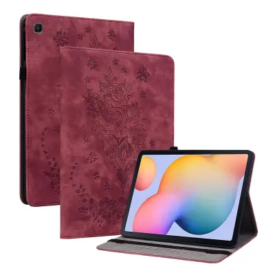 Za Samsung Galaxy Tab S6 Lite/Tab S6 Lite (2022) usnjena torbica z vtisnjenim metuljem in vrtnico, nosilec za kartice, ovitek za tablični računalnik