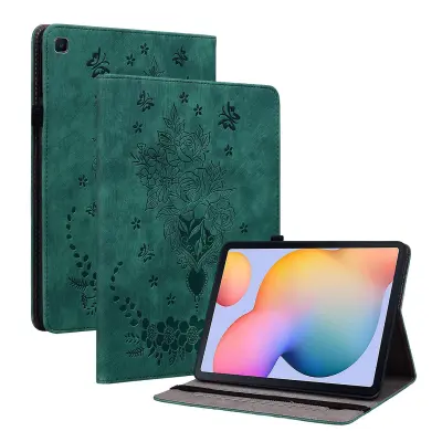 Za Samsung Galaxy Tab S6 Lite/Tab S6 Lite (2022) usnjena torbica z vtisnjenim metuljem in vrtnico, nosilec za kartice, ovitek za tablični računalnik