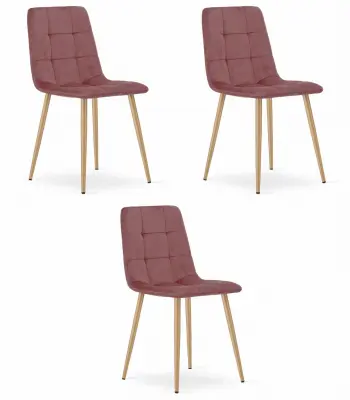 Stol KARA - roza žamet / noge v barvi lesa x 3