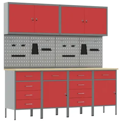 vidaXL 10-delni delovni omar in pegboard set rdečega MDF ter kovine
