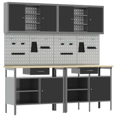 vidaXL 8-delni set delovne mize, črno jeklo