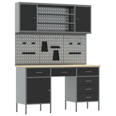 vidaXL 7-delni delovni kabinet in pegboard set črna MDF in kovina