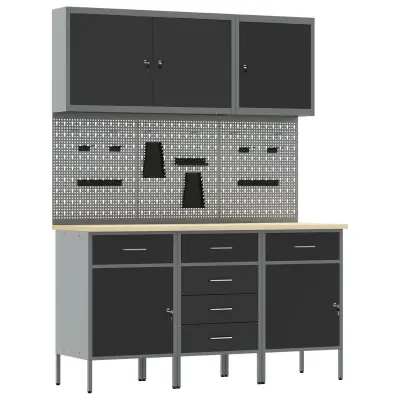 vidaXL 8-delni delovni kabinet in pegboard set Črna MDF in kovina