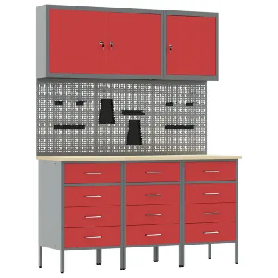 vidaXL 8-delni delovni kabinet in pegboard komplet - rdeča MDF in kovina