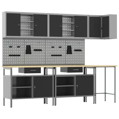 vidaXL 10-delni set za shranjevanje orodja, črn, les in kovina