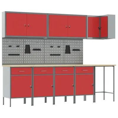 vidaXL 12-delni set delovnega omara in pegboarda rdeč MDF in kovina