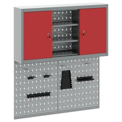 vidaXL 3-delni orodjar in pegboard komplet na steni rdeče barve iz kovine
