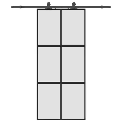 vidaXL Drsna vrata z opremo črna 90x205 cm kaljeno steklo