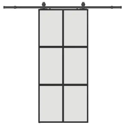 vidaXL Drsna vrata z opremo črna 90x205 cm kaljeno steklo