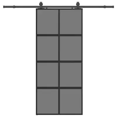 vidaXL Drsna vrata z opremo črna 90x205 cm kaljeno steklo
