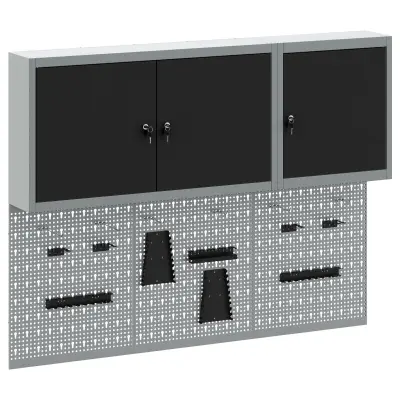 vidaXL 5-delni komplet omare za orodje in pegboard, stenska montaža, črna kovina