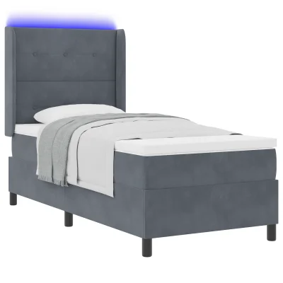 vidaXL Postelja s podlogom in vzmetnico & LED Temno siva 90x190 cm Žamet