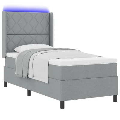 vidaXL Box Spring Postelja z Vzmetnico & LED Svetloba Svetlo Siva 100x200 cm Tkanina