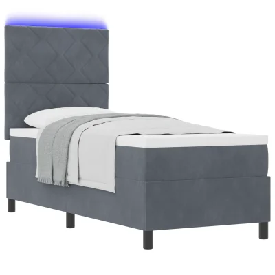 vidaXL Box Spring Postelja z Blazino in LED Temno Siva 80x200 cm Žamet