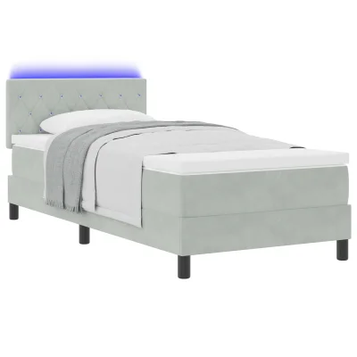 vidaXL Box Spring postelja z vzmetnico in LED svetlobo svetlo siva 100x200 cm žamet