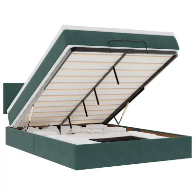 vidaXL Otomanska postelja z vzmetnico & LEDs temno zelena 140x200cm