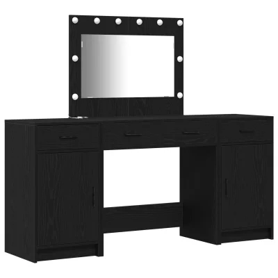 vidaXL 3-delni set toaletne mizice z LED, črna inženirska lesa
