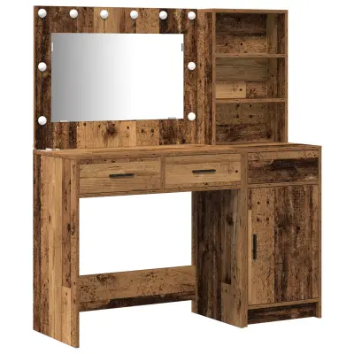 vidaXL 2-delni set toaletne mize z LED in starim lesom