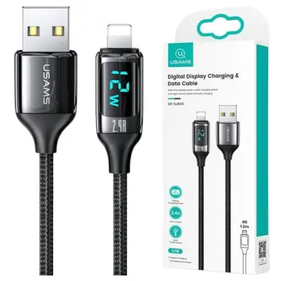 USAMS BRIDED KABEL ZA LIGHTNING 1.2M 2.4A HITRO POLNJENJE LED ČRN