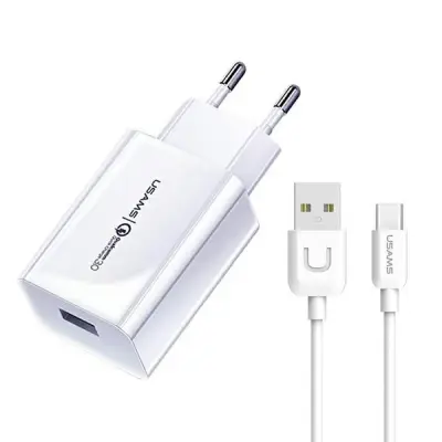 USAMS OMREŽNI POLNILEC 1XUSB T22 18W QC3.0 + USB-C KABEL 1M BEL