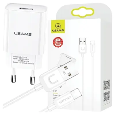 USAMS OMREŽNI POLNILEC 1XUSB T21 ZA LIGHTNING 2.1A ZA IPHONE HITRO POLNJENJE