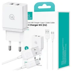 MREŽNI POLNILEC USAMS 2XUSB-A + KABEL USB-C ZA HITRO POLNJENJE BEL